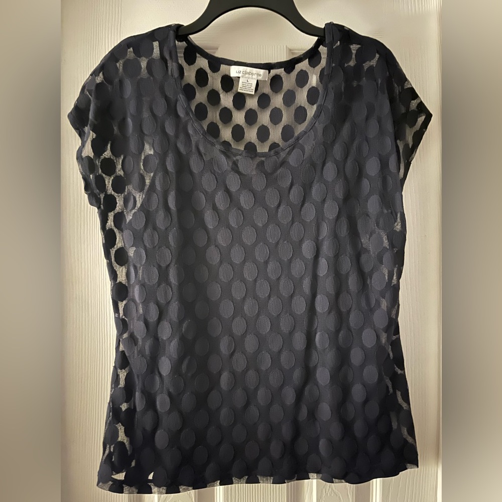 Black mesh polka dot short sleeve top with attached tank